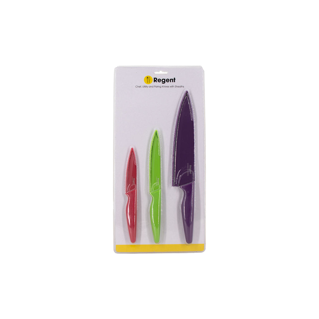 REGENT KITCHEN CHEF, UTILITY, PARING COLOURED KNIVES WITH SHEATHS 3PCS