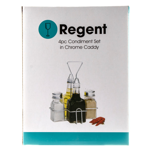 REGENT GLASS CONDIMENT 4 PIECES IN A CHROME CADDY, 200ML/70ML (200X157X125MM)