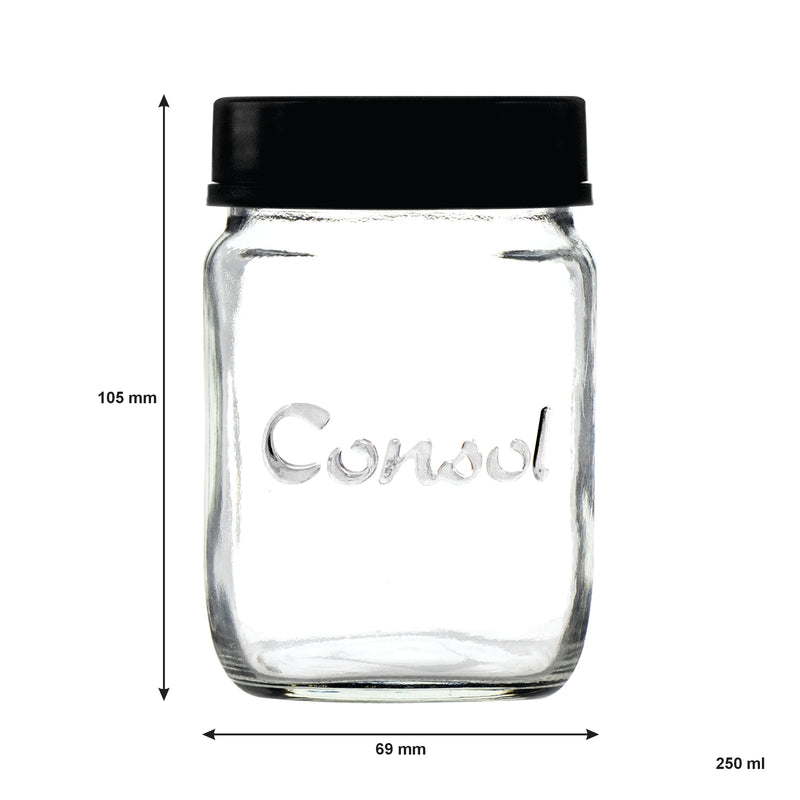 CONSOL JAR WITH NEW ASSORTED COLOURED LID, 250ML (105X69MM DIA)