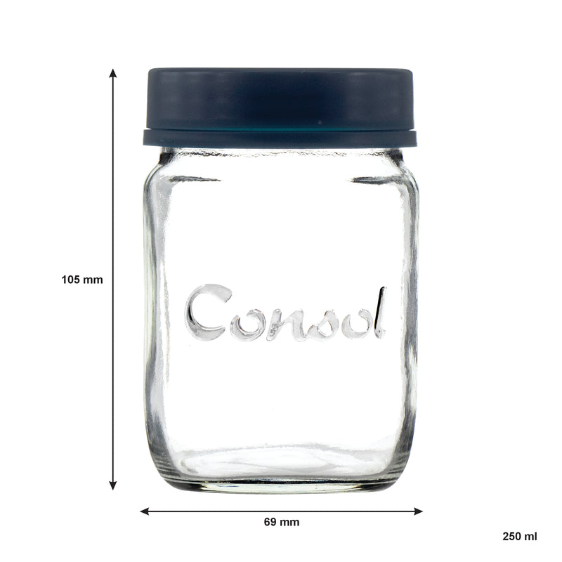 CONSOL JAR WITH NEW ASSORTED COLOURED LID, 250ML (105X69MM DIA)