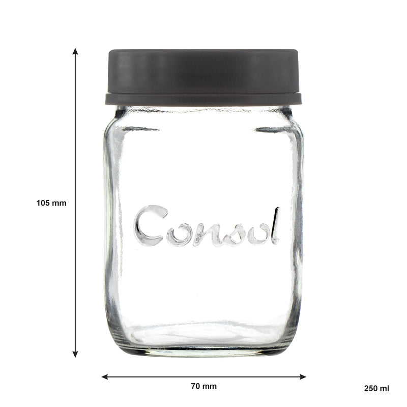 CONSOL JAR WITH NEW ASSORTED COLOURED LID, 250ML (102X69MM DIA)