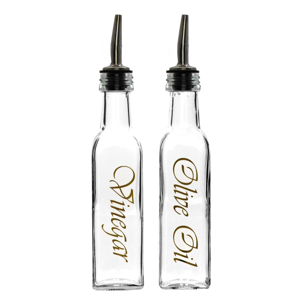 REGENT SQUARE OLIVE OIL & VINEGAR BOTTLES WITH POURERS AND GOLD PRINT (EACH), 250ML (203X48X48MM)