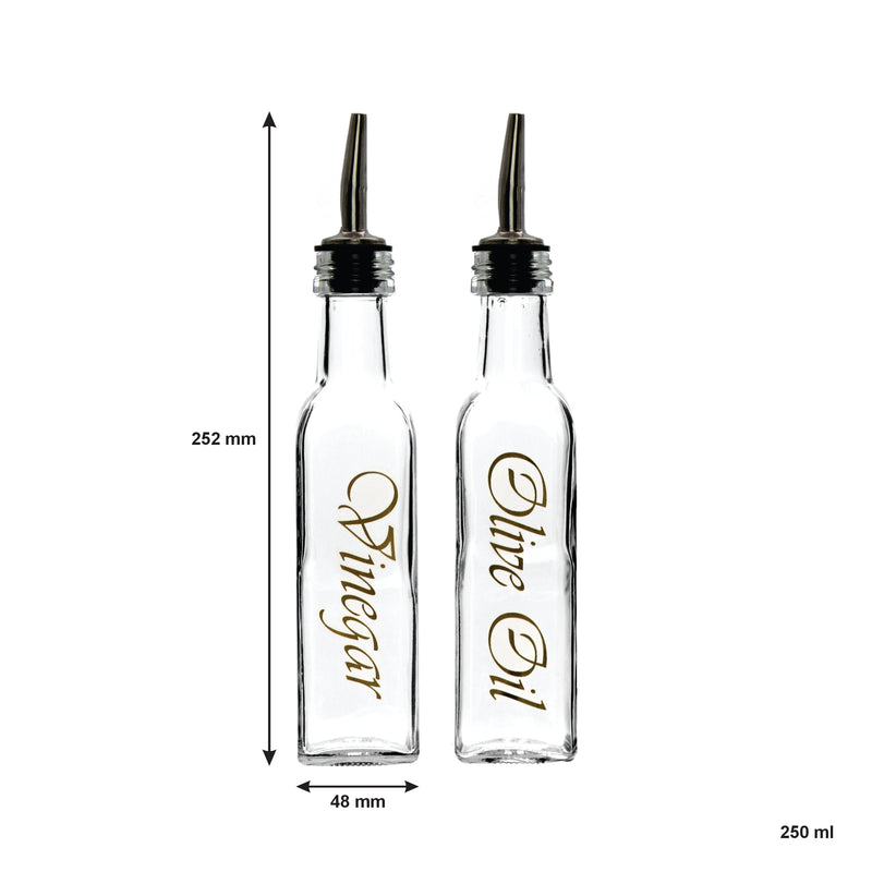 REGENT SQUARE OLIVE OIL & VINEGAR BOTTLES WITH POURERS AND GOLD PRINT (EACH), 250ML (203X48X48MM)