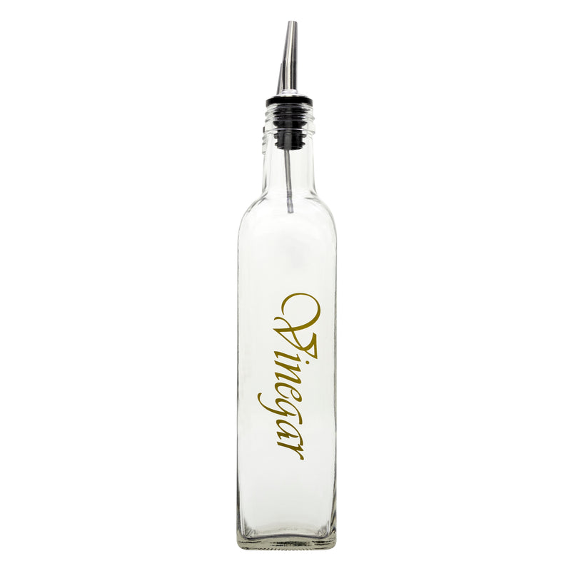 REGENT SQUARE OLIVE OIL & VINEGAR BOTTLES WITH POURERS AND GOLD PRINT, 500ML (262X74X74MM)