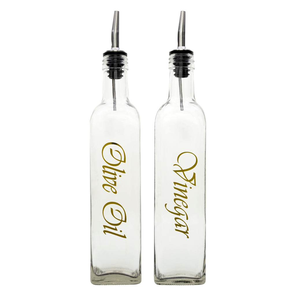 REGENT SQUARE OLIVE OIL & VINEGAR BOTTLES WITH POURERS AND GOLD PRINT, 500ML (262X74X74MM)