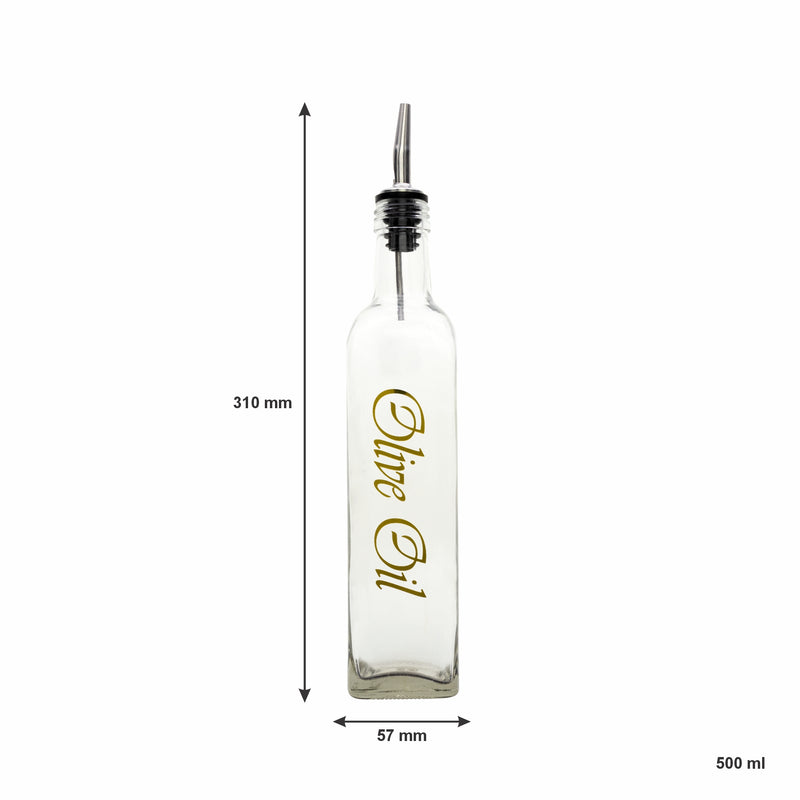 REGENT SQUARE OLIVE OIL & VINEGAR BOTTLES WITH POURERS AND GOLD PRINT, 500ML (262X74X74MM)