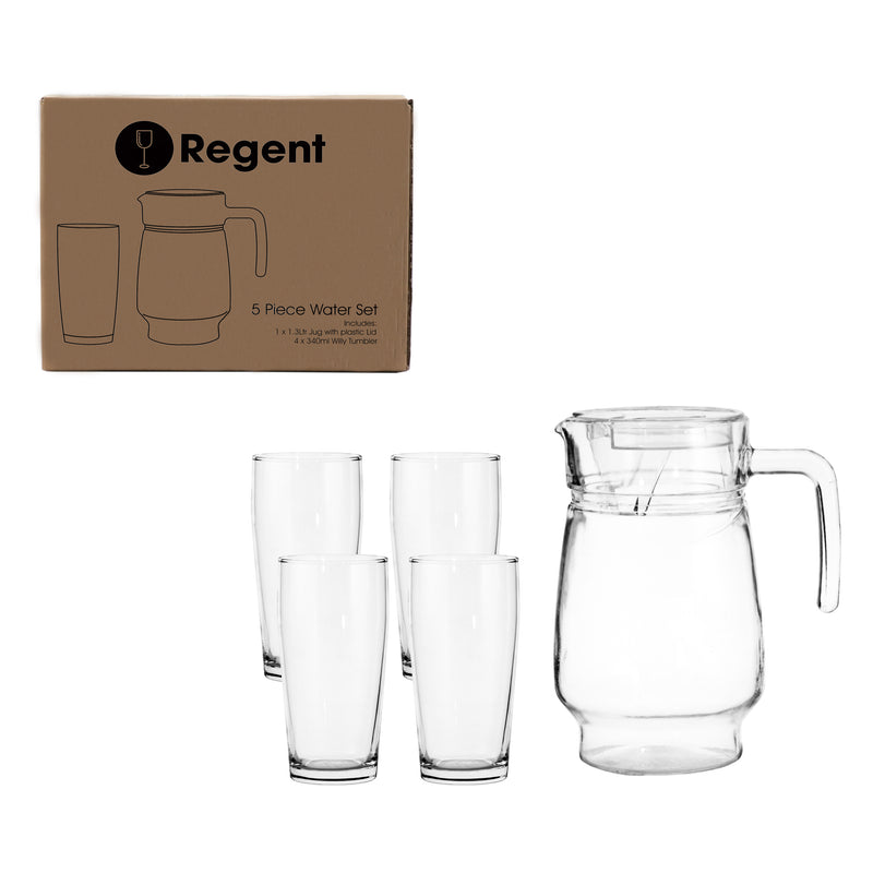 REGENT GLASS WATER JUG (1LT) & 4 WILLY TUMBLERS (340ML) - 5 PIECE SET