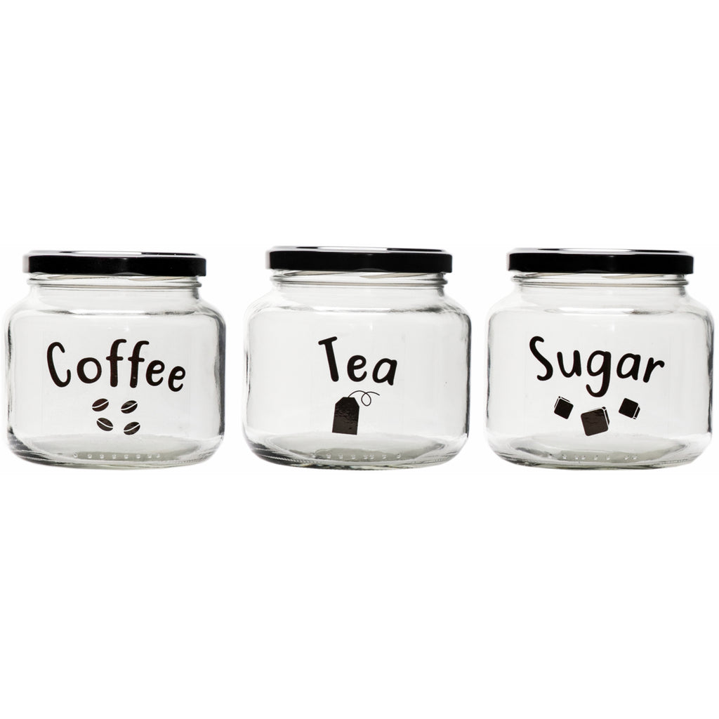 REGENT GLASS TEA, COFFEE, SUGAR PRINTED CANISTERS 3 PIECE SET, 500ML (95X100MM DIA)