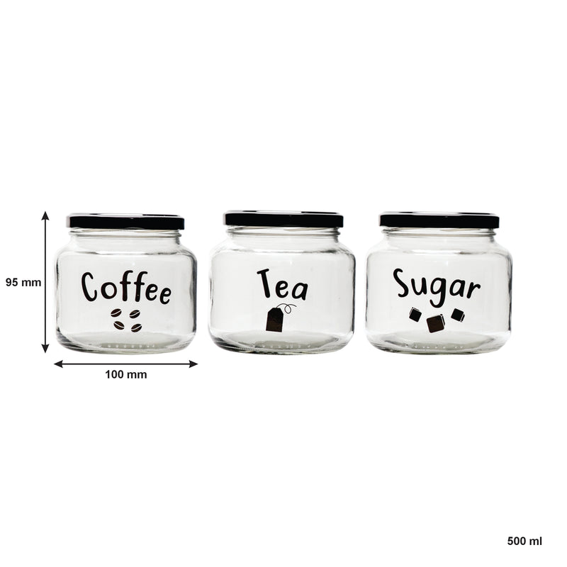 REGENT GLASS TEA, COFFEE, SUGAR PRINTED CANISTERS 3 PIECE SET, 500ML (95X100MM DIA)