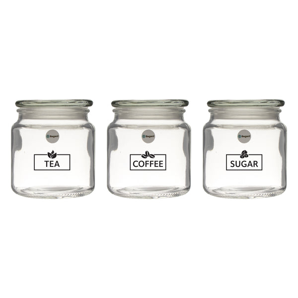 REGENT KITCHEN TEA, COFFEE AND SUGAR GLASS CANISTERS 3PCS SET, 550ML (110X100MM DIA