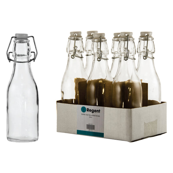 REGENT GLASS BOTTLES WITH WHITE CLIP TOP LIDS 6 PACK, 250ML (58MM DIAX195MM)