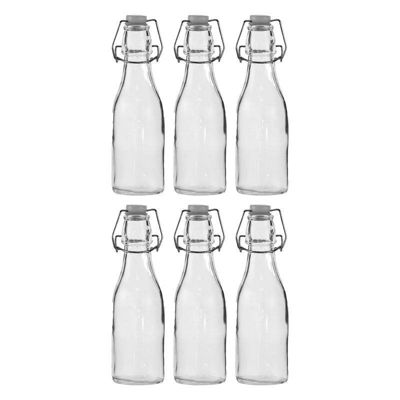 REGENT GLASS BOTTLES WITH WHITE CLIP TOP LIDS 6 PACK, 250ML (195X58MM DIA)