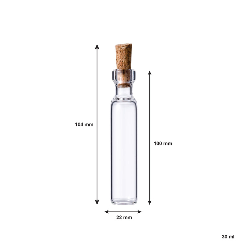 REGENT GLASS BOTTLES WITH CORK LIDS 12PCS, 30ML (22MM DIAX104MM)