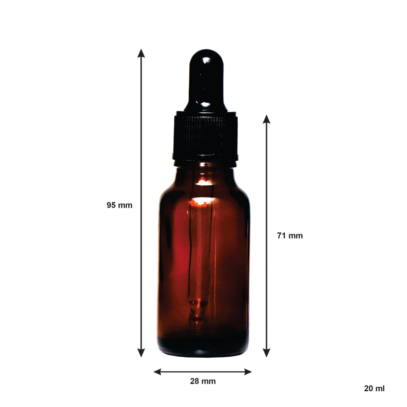 REGENT AMBER GLASS BOTTLE WITH BLACK PLASTIC DROPPER LID 4 PIECE, 20ML (28MM DIAX95MM)