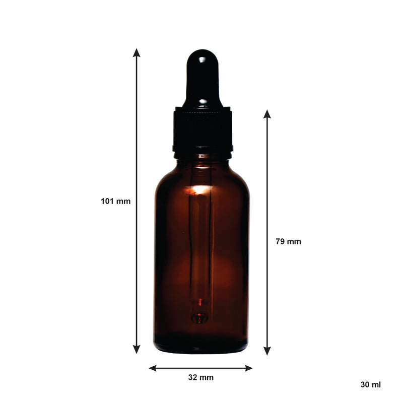 REGENT AMBER GLASS BOTTLE WITH BLACK PLASTIC DROPPER LID 4 PIECE, 30ML (32MM DIAX101MM)