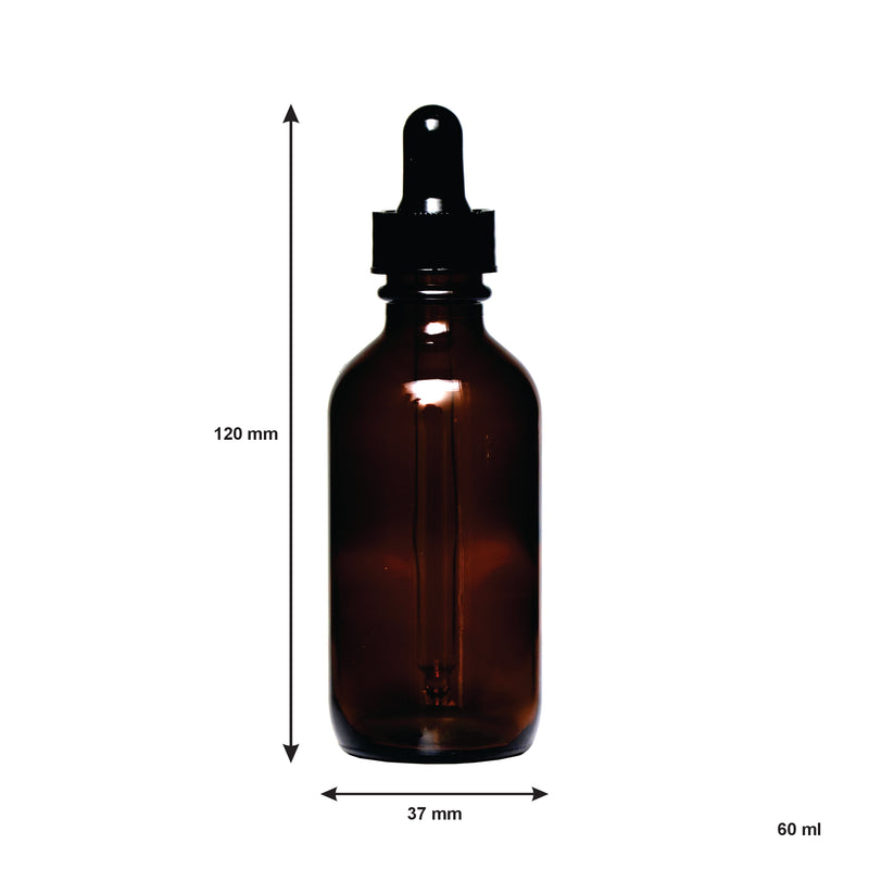 REGENT AMBER GLASS BOTTLE WITH BLACK PLASTIC DROPPER LID 4 PIECE, 60ML (120X37MM DIA)