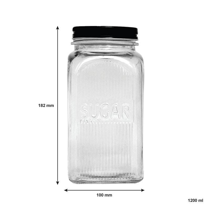 REGENT RIBBED SQUARE GLASS CANISTERS (TEA|COFFEE|SUGAR) 3 PCE SET, 1.2LT(182X100X100)