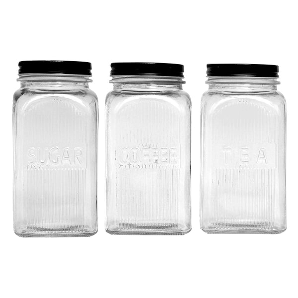 REGENT RIBBED SQUARE GLASS CANISTERS (TEA|COFFEE|SUGAR) 3 PCE SET, 1.2LT(182X100X100)