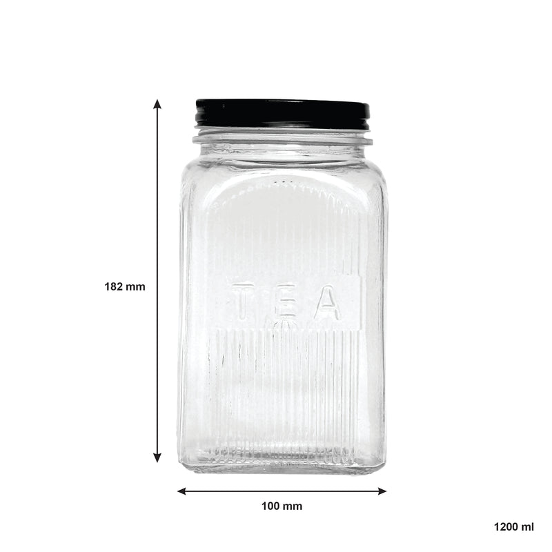 REGENT RIBBED SQUARE GLASS TEA CANISTER WITH BLACK LID, 1.2LT (182X100X100MM)