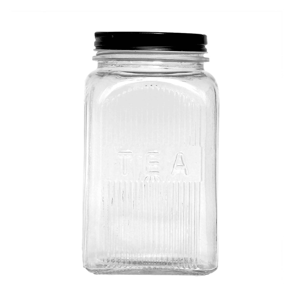 REGENT RIBBED SQUARE GLASS TEA CANISTER WITH BLACK LID, 1.2LT (182X100X100MM)