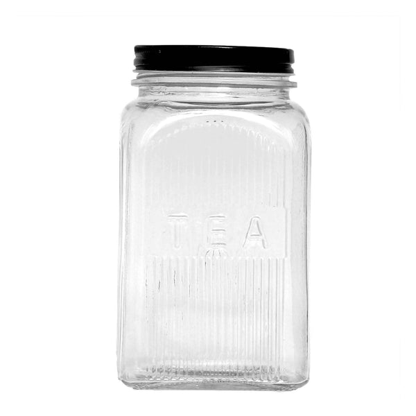 REGENT RIBBED SQUARE GLASS TEA CANISTER WITH BLACK LID, 1.2LT (182X100X100MM)