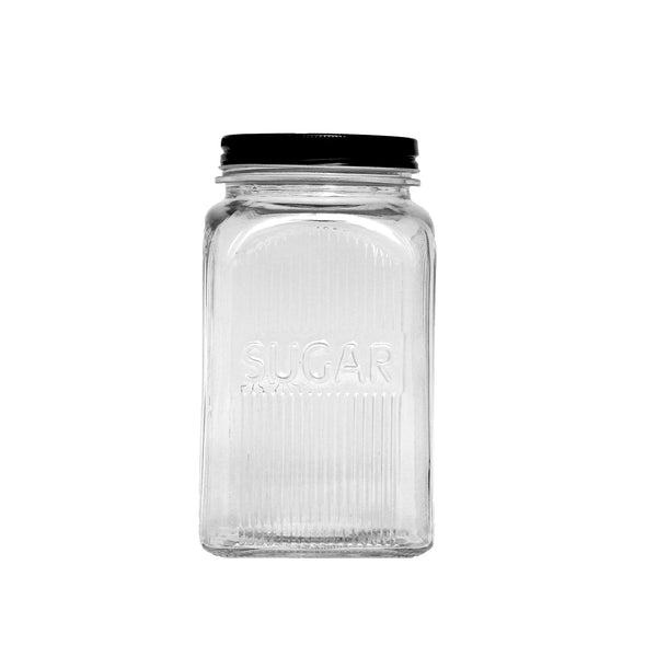 REGENT RIBBED SQUARE GLASS SUGAR CANISTER WITH BLACK LID, 1.2LT (182X100X100MM)