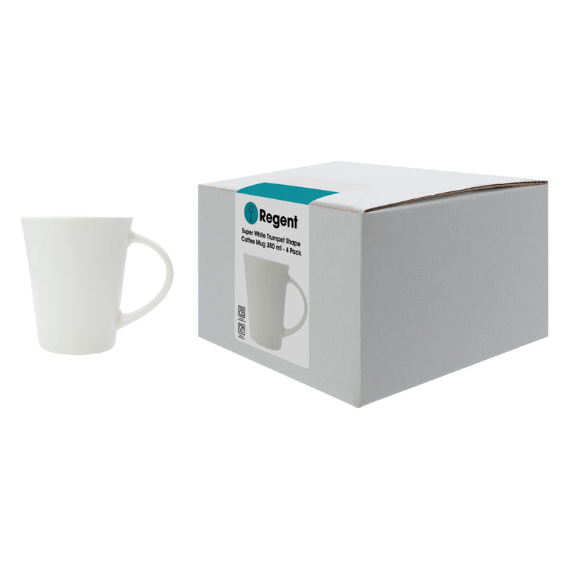 REGENT SUPER WHITE TRUMPET SHAPE COFFEE MUG 4 PACK, 380ML