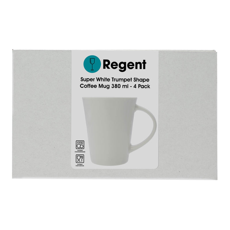 REGENT SUPER WHITE TRUMPET SHAPE COFFEE MUG 4 PACK, 380ML