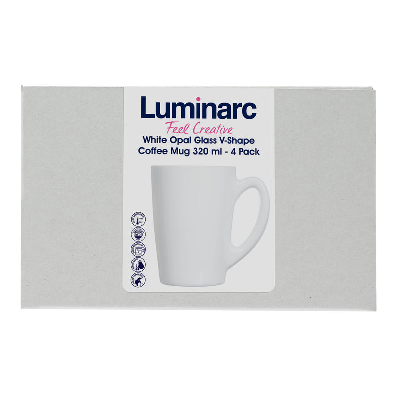 LUMINARC WHITE OPAL GLASS BULLET SHAPE COFFEE MUG 4 PACK, (320ML)