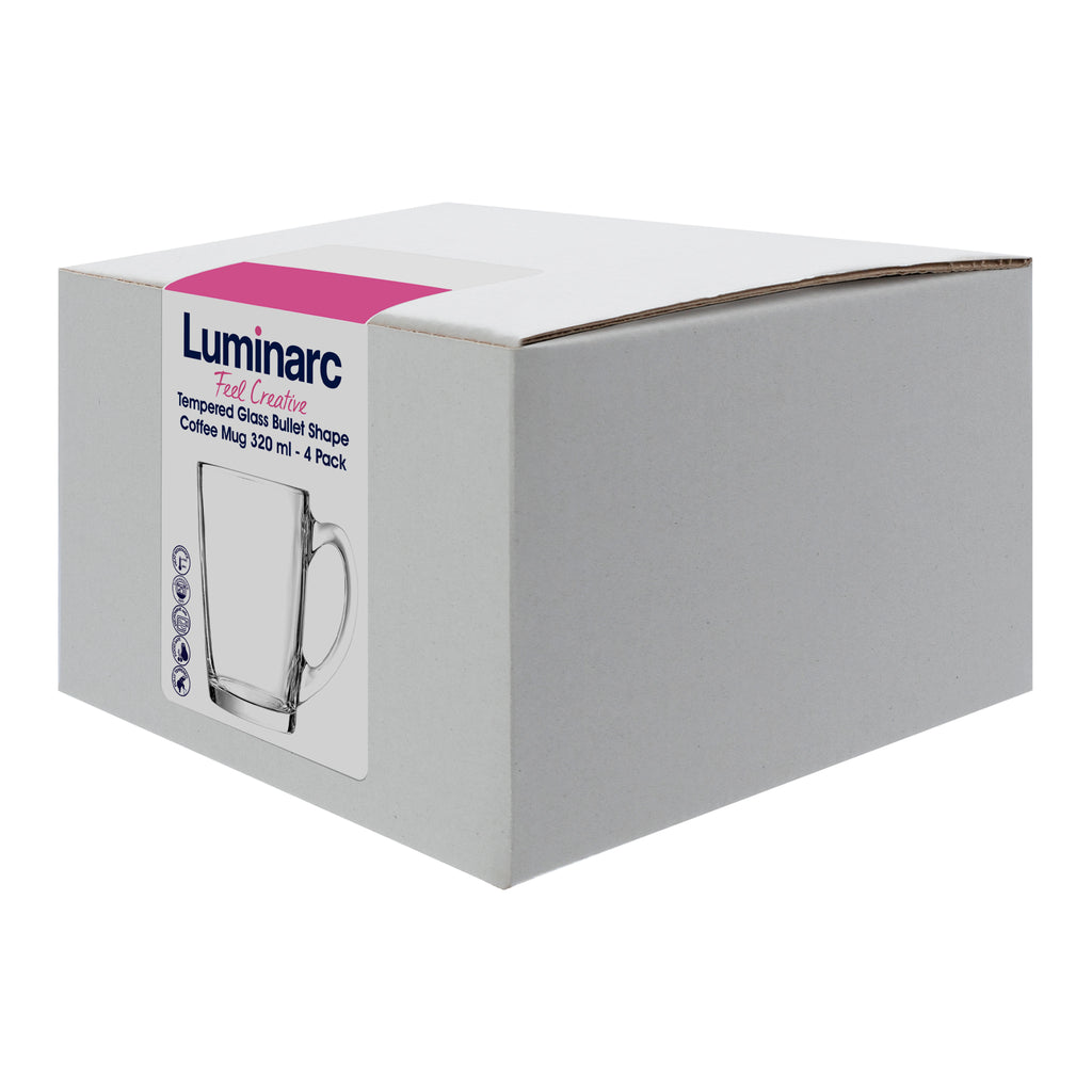 LUMINARC TEMPERED GLASS BULLET SHAPE COFFEE MUG 4 PACK, (320ML)