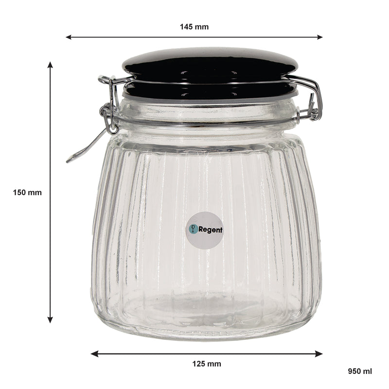 REGENT RIBBED HERMETIC GLASS CANISTER WITH BLACK CERAMIC LID AND METAL CLIP, 950ML (150X125MM DIA)