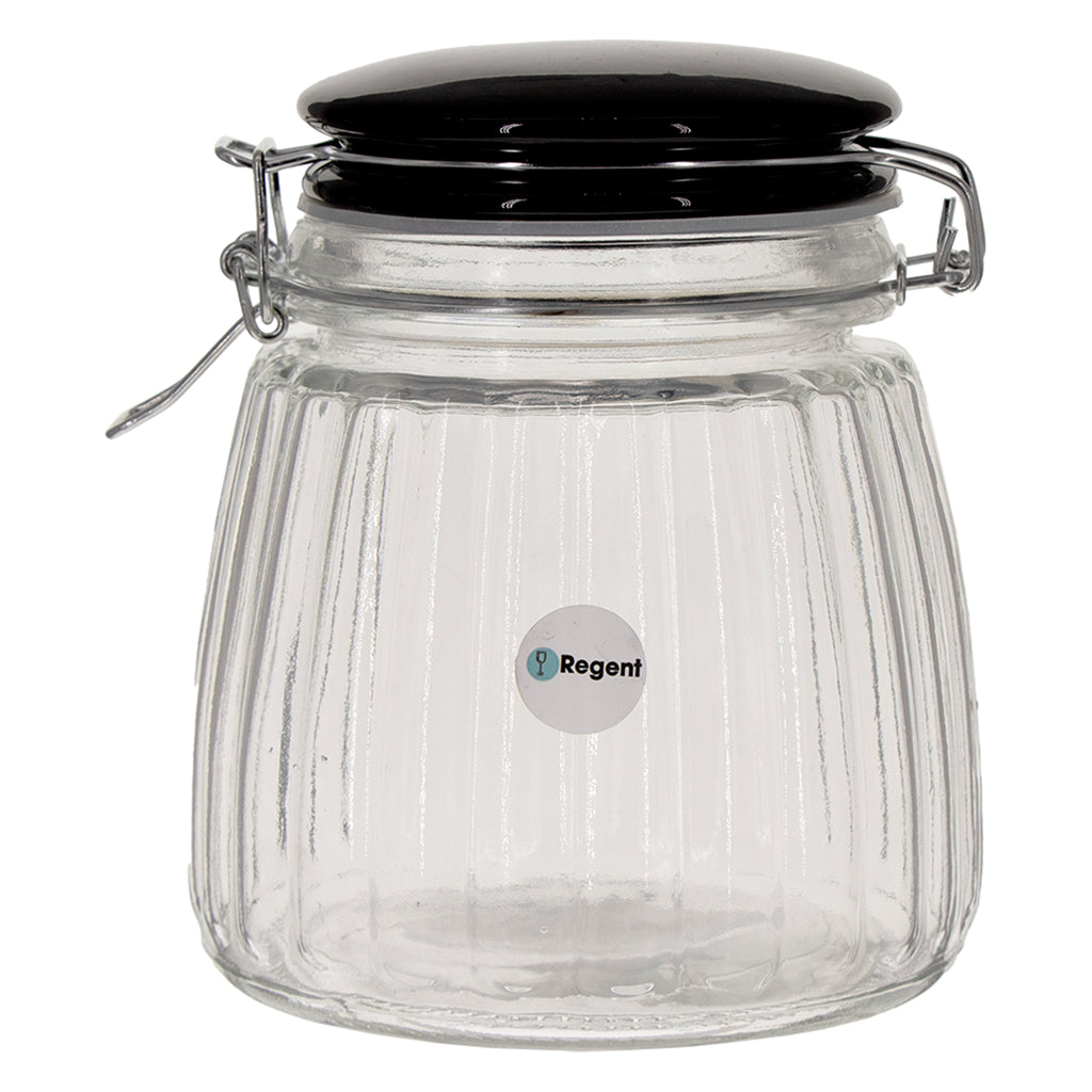 REGENT RIBBED HERMETIC GLASS CANISTER WITH BLACK CERAMIC LID AND METAL CLIP, 950ML (150X125MM DIA)