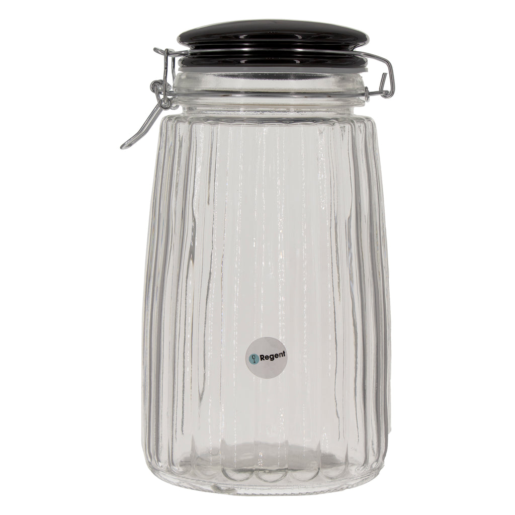 REGENT RIBBED HERMETIC GLASS CANISTER WITH BLACK CERAMIC LID AND METAL CLIP, 1.8LT (230X125MM DIA)