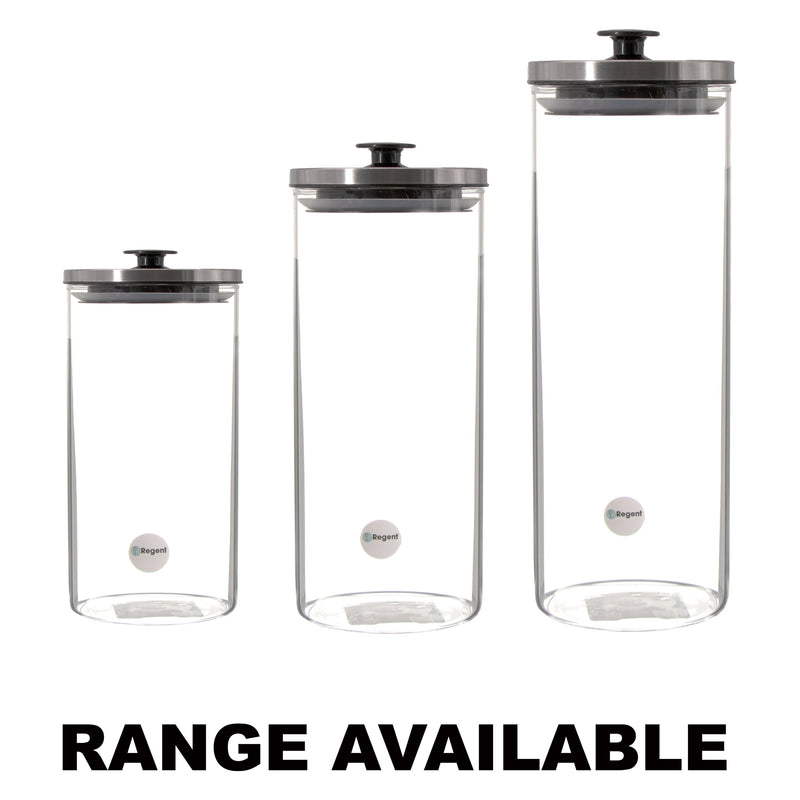 REGENT ROUND BOROCILICATE GLASS CANISTER WITH METAL LID AND BLACK KNOB, 1,7LT (285X100MM DIA)