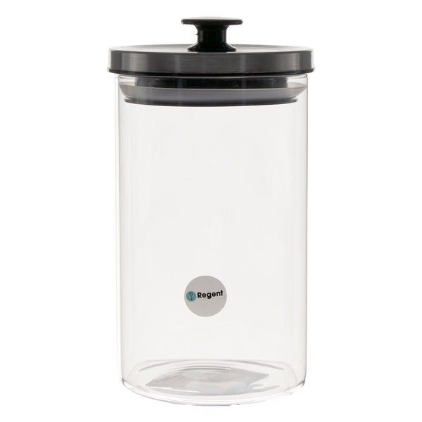 REGENT ROUND BOROCILICATE GLASS CANISTER WITH METAL LID AND BLACK KNOB, 950ML (180X100MM DIA)