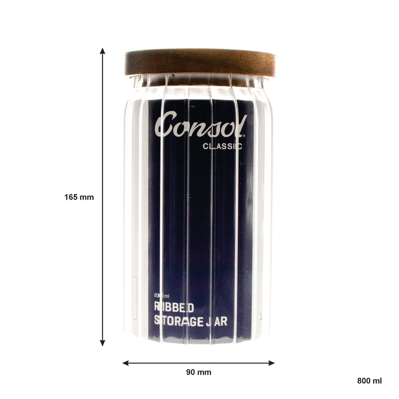 CONSOL ROUND RIBBED CANISTER WITH ACACIA LID, 800ML (165MMX90DIA)