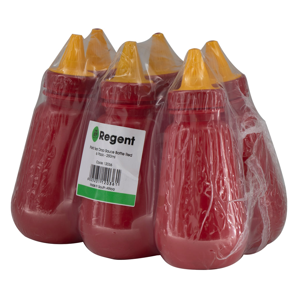 REGENT PLASTIC TEAR DROP SAUCE BOTTLE RED 6 PACK,  (250ML)