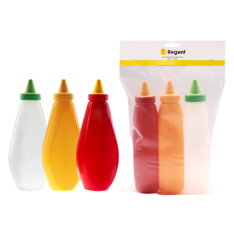 REGENT PLASTIC FLAT SQUEEZE BOTTLES ASST. COLOURS WITH CAPS 3 PACK, 500ML (140X80X215MM)