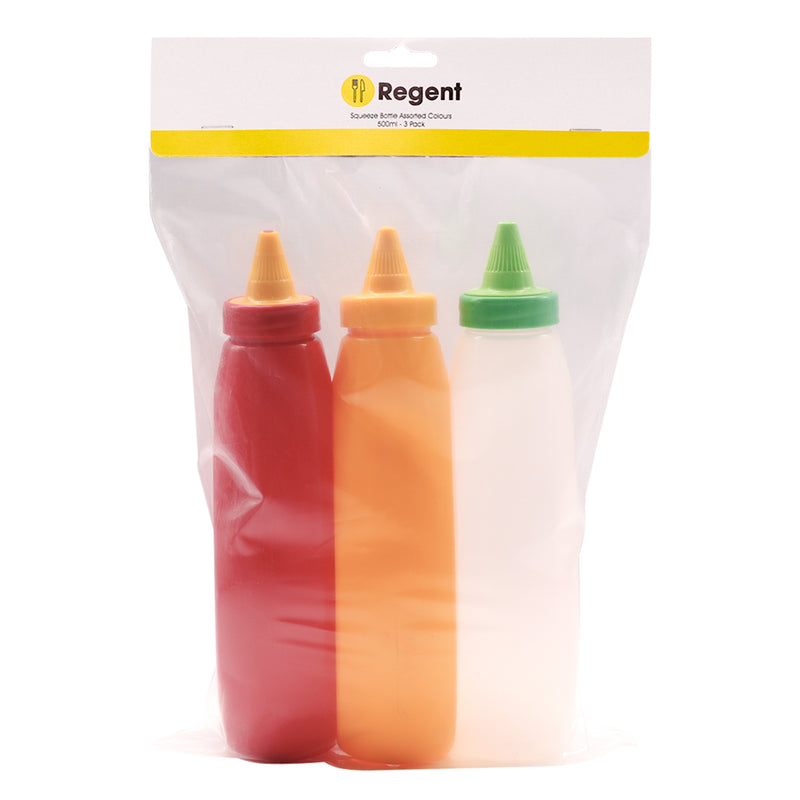 REGENT PLASTIC FLAT SQUEEZE BOTTLES ASST. COLOURS WITH CAPS 3 PACK, 500ML (140X80X215MM)