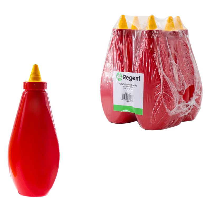 REGENT PLASTIC FLAT SQUEEZE BOTTLE RED WITH WITCH HAT CAP 6 PACK, (500ML)