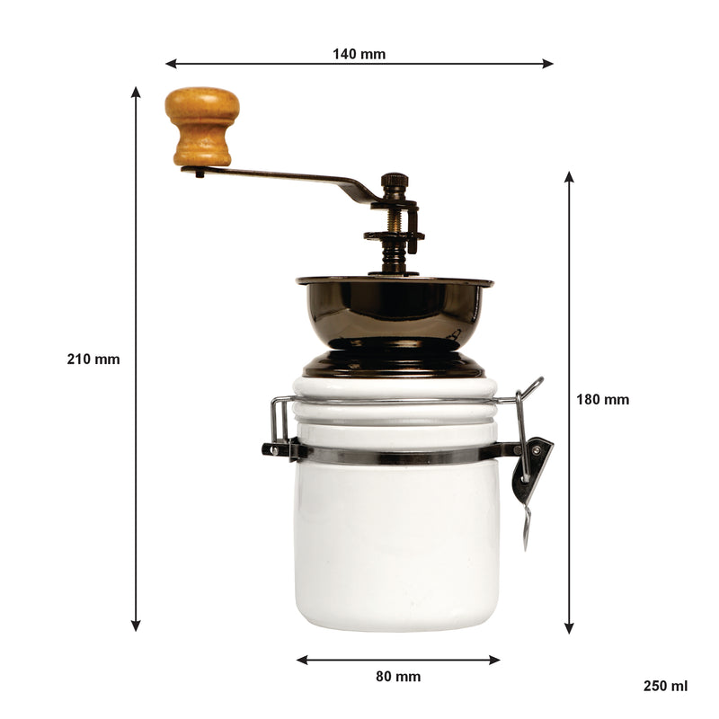 REGENT COFFEE GRINDER WITH WHITE CERAMIC HERMETIC STORAGE CANISTER, 250ML (180X80MM DIA)