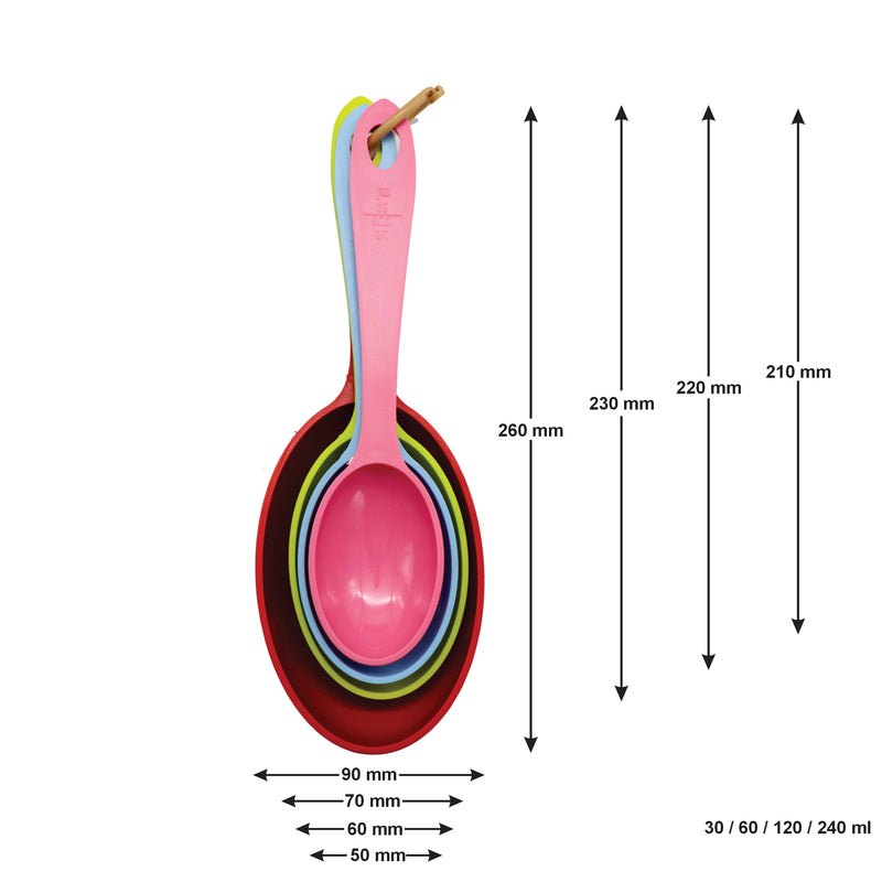 REGENT BAKEWARE OVAL MEASURING CUP PLASTIC COLOURS 4 PIECE SET, (260X90X90MM)