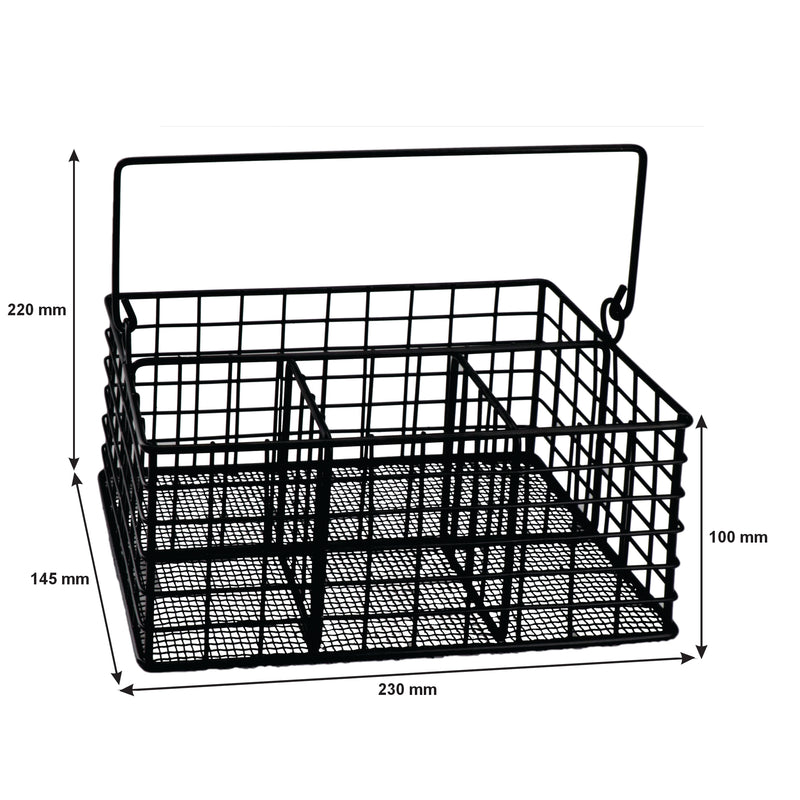 REGENT KITCHEN WIRE CUTLERY CADDY WITH HANDLE POWDER COATED BLACK, (230X145X100/200MM)