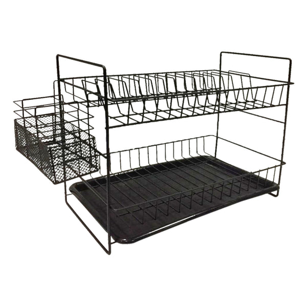 REGENT KITCHEN TWO TIER BLACK DISH DRYING RACK WITH TRAY & CUTLERY BASKET, (395X245X330MM)