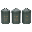 REGENT KITCHEN TEA, COFFEE & SUGAR CANISTERS GREEN WITH GOLD PRINTING 3 PCE SET,  (100MM DIAX160MM)