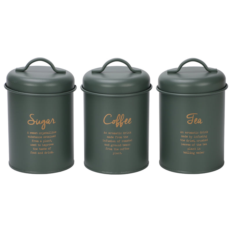 REGENT KITCHEN TEA, COFFEE & SUGAR CANISTERS GREEN WITH GOLD PRINTING 3 PCE SET,  (100MM DIAX160MM)