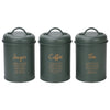 REGENT KITCHEN TEA, COFFEE & SUGAR CANISTERS GREEN WITH GOLD PRINTING 3 PCE SET,  (100MM DIAX160MM)