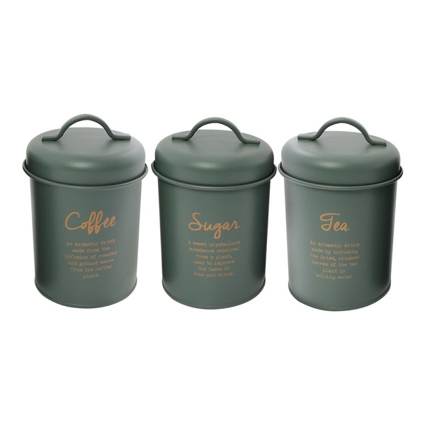 REGENT KITCHEN TEA, COFFEE & SUGAR CANISTERS GREEN WITH GOLD PRINTING 3 PCE SET,  (100MM DIAX160MM)