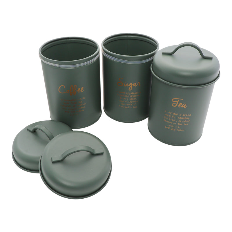 REGENT KITCHEN TEA, COFFEE & SUGAR CANISTERS GREEN WITH GOLD PRINTING 3 PCE SET,  (100MM DIAX160MM)