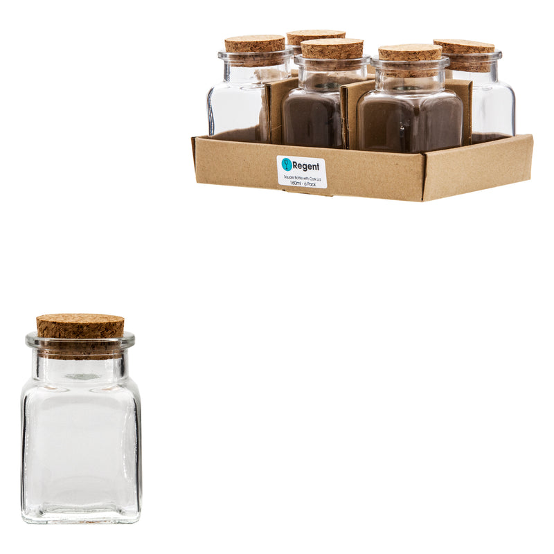 REGENT GLASS JARS SQUARE WITH CORK LID 6 PACK, 160ML (96X56X56MM)